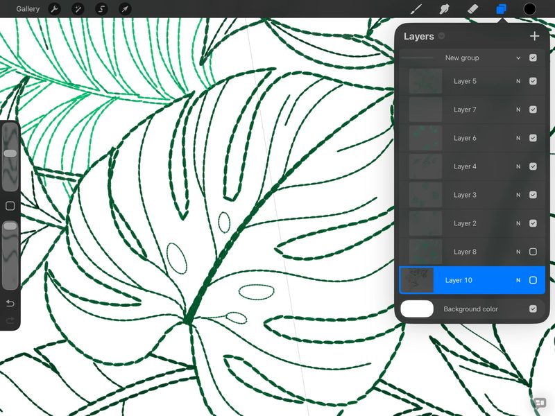 Procreate screenshot of monstera and palm leaves drawn in green stitch-like outlines, with the fill layer switched off in the Layers panel