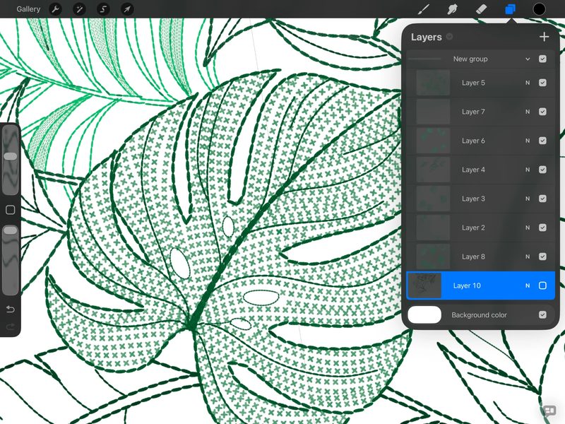Procreate screenshot of the same monstera leaf filled with small green cross-shaped marks, with the Layers panel open