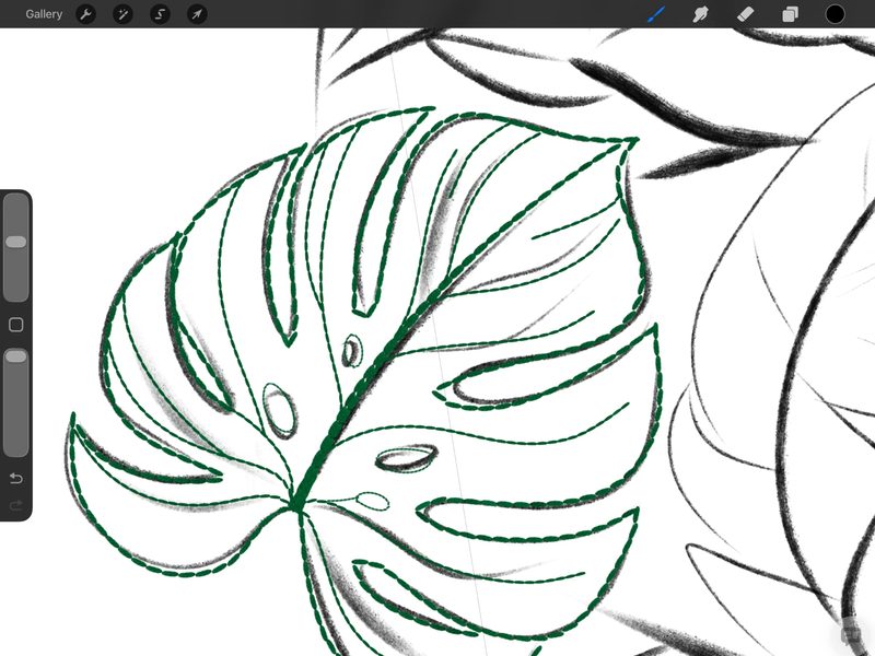 Procreate screenshot of a monstera leaf traced in dark green stitch-like dashes over a grey pencil sketch